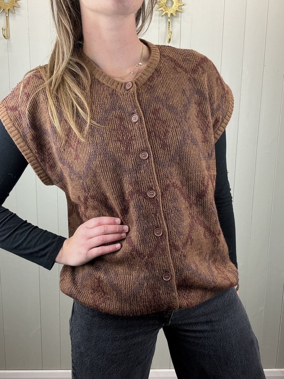 Vintage Size 3XL 18-22 Brown Boho Fine Knit Vest Waistcoat