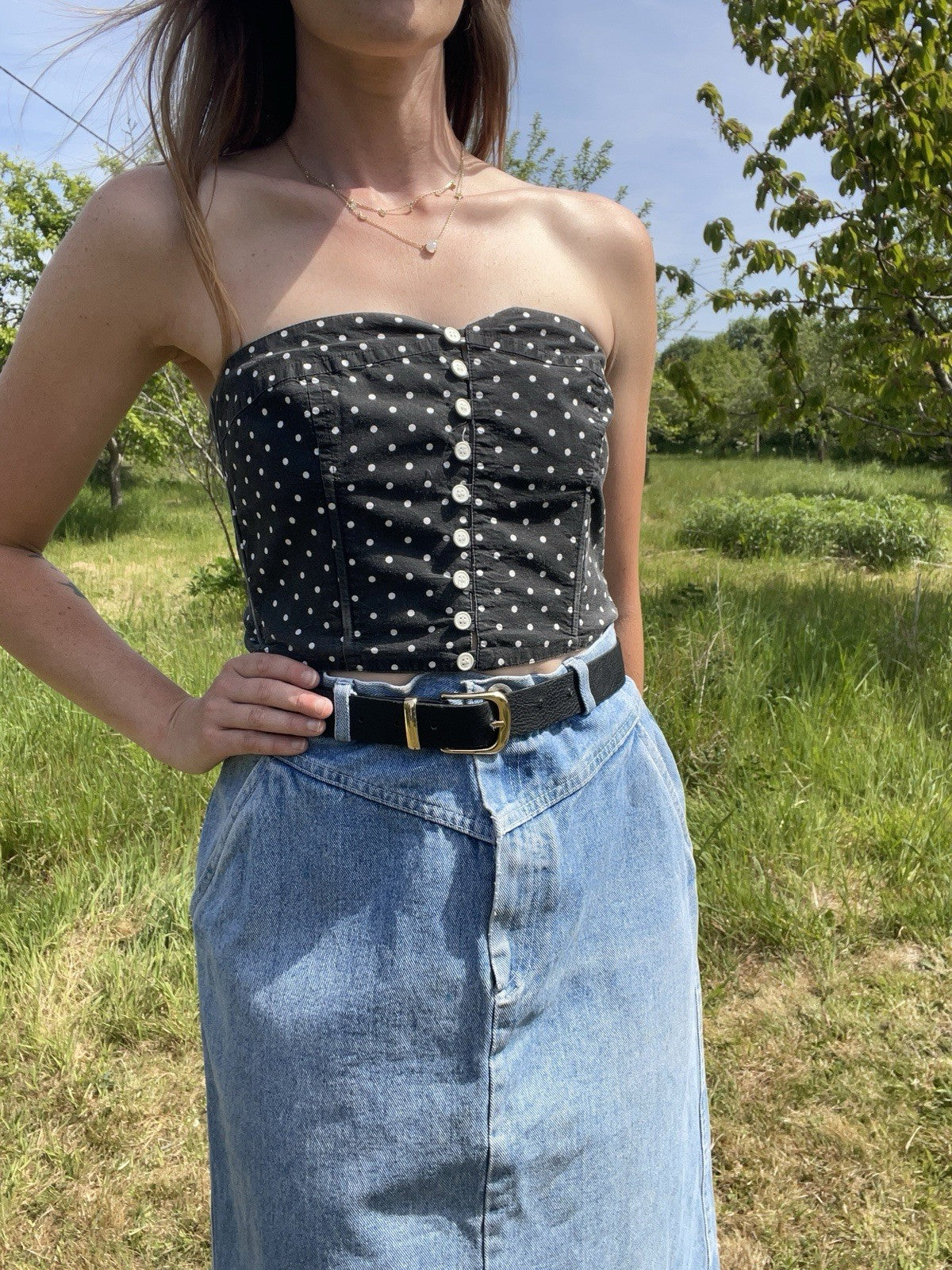 Vintage 90s Size M 10-12 Black Polka dot Strapless Denim Bandeau Top