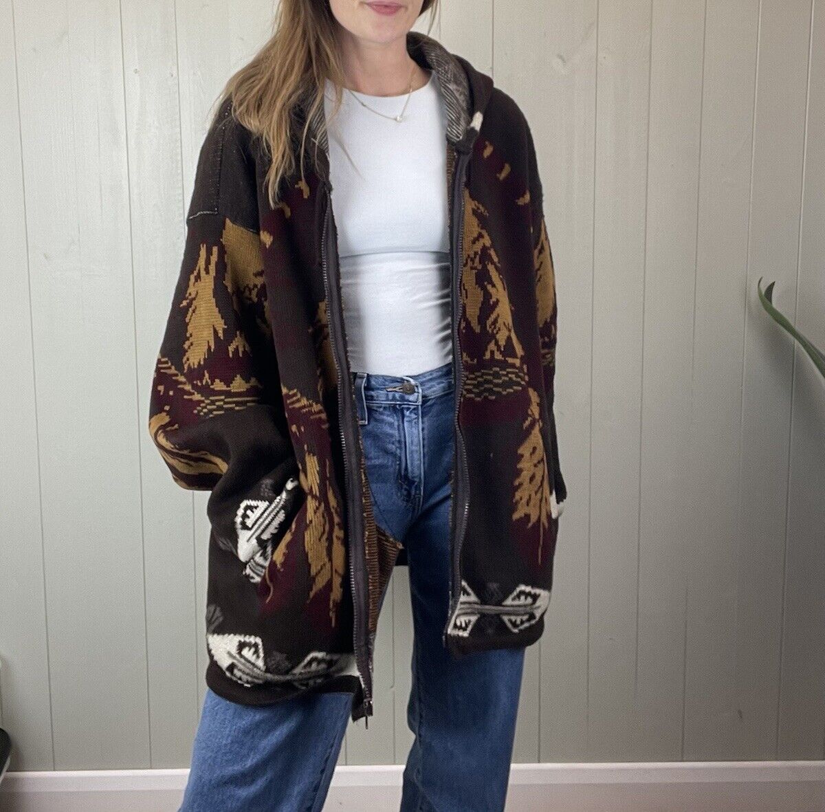 90s Free Size 8-24 Brown Wolf Tribal Boho Hoody Cardigan