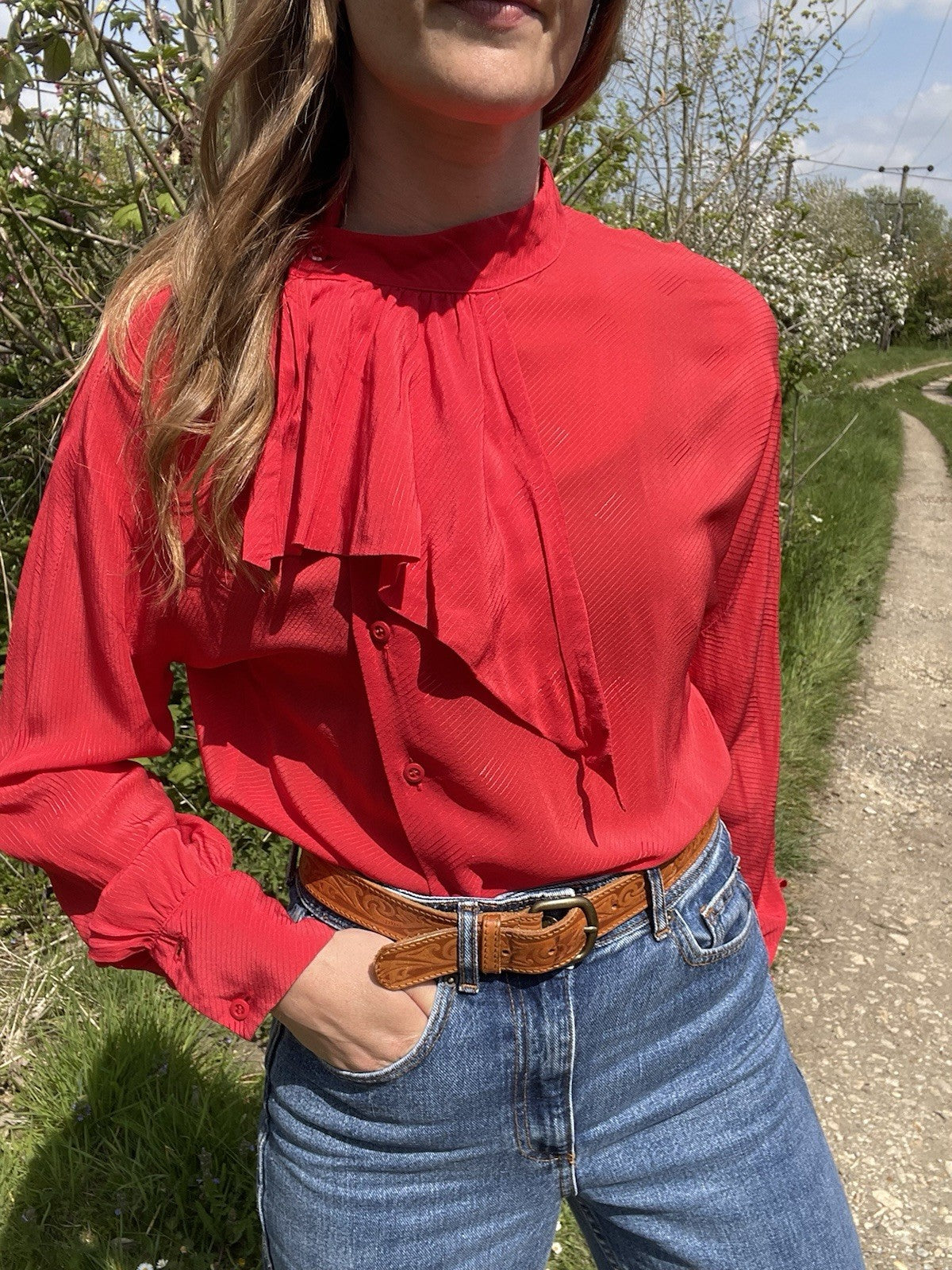 Vintage Size S 6–10 Red Silk Blend Ruffle Neck Blouse Elegantia