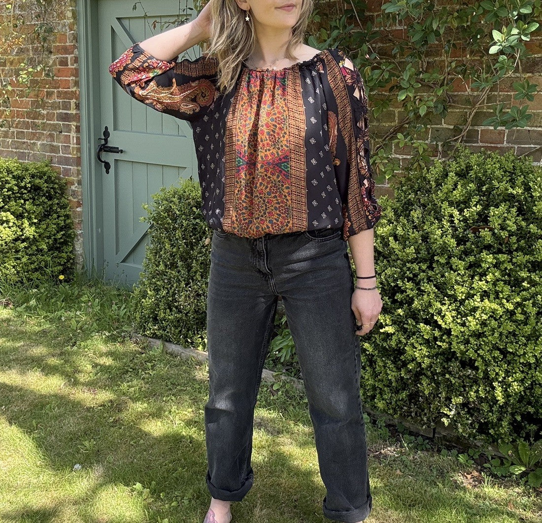 Size M 10-14 Black Boho Patterned Gypsy Top Desigual
