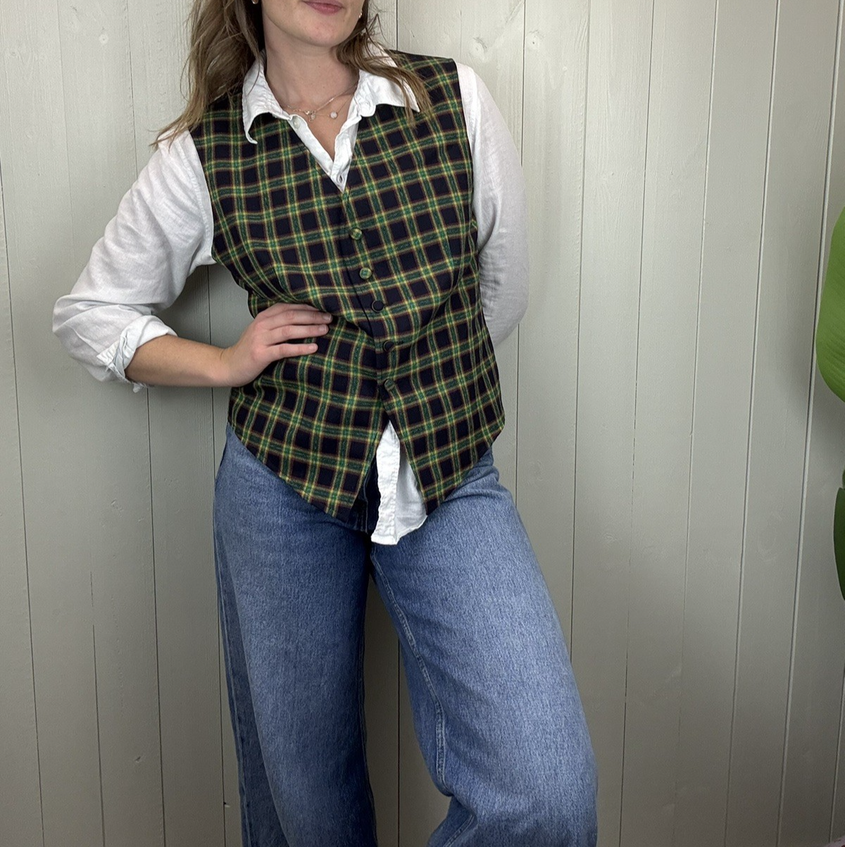 Vintage Size S 6-10 Green Tartan Virgin Wool Waistcoat Anna Linder