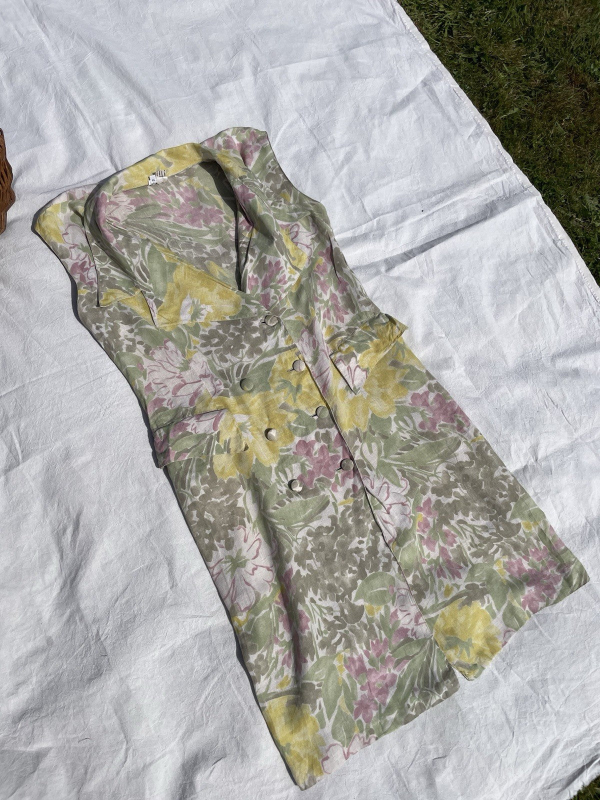 Vintage Size L 12-14 Green Meadow Floral Sleeveless Linen Blazer Midi Dress