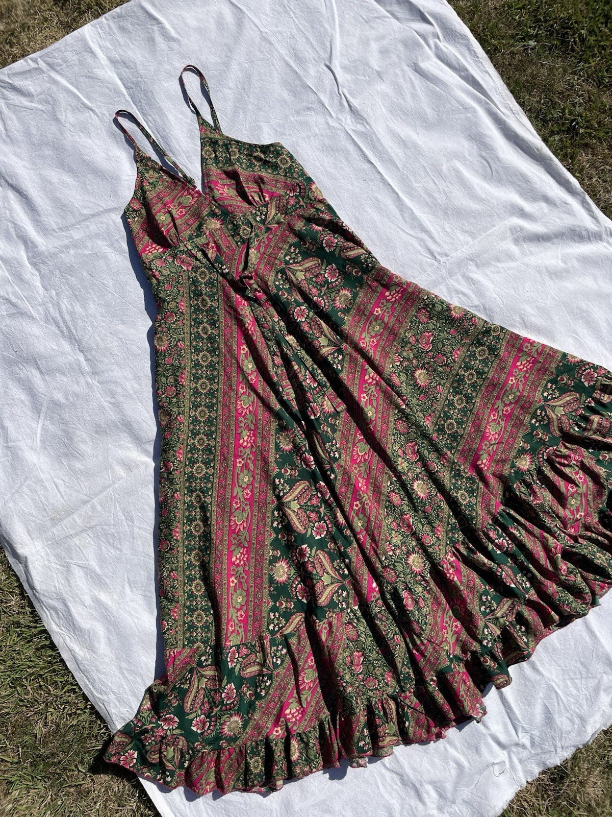 Vintage Free Size 8-16 Green Boho 70% Silk Paisley Strappy Midi Sundress