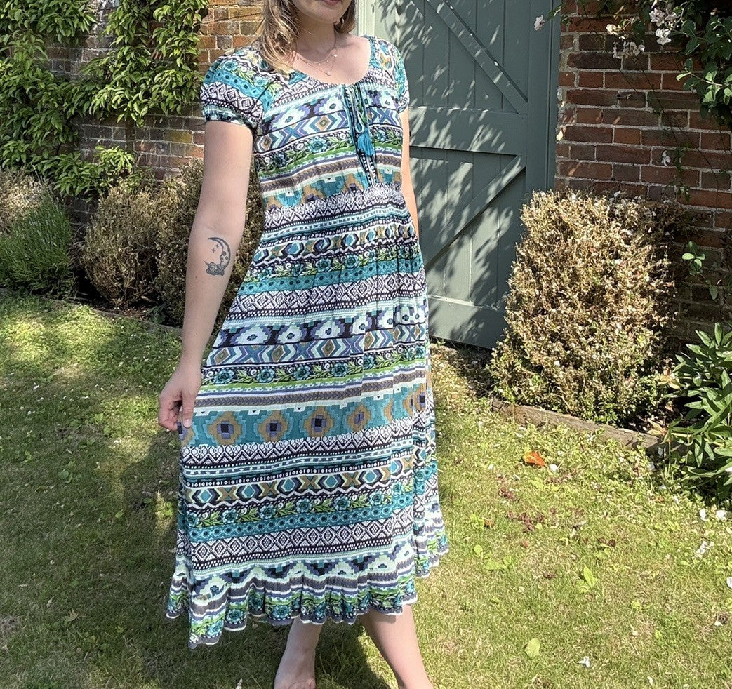 Vintage 10-14 Blue Boho Patterned Short Sleeve Crepe Summer Dress Arista