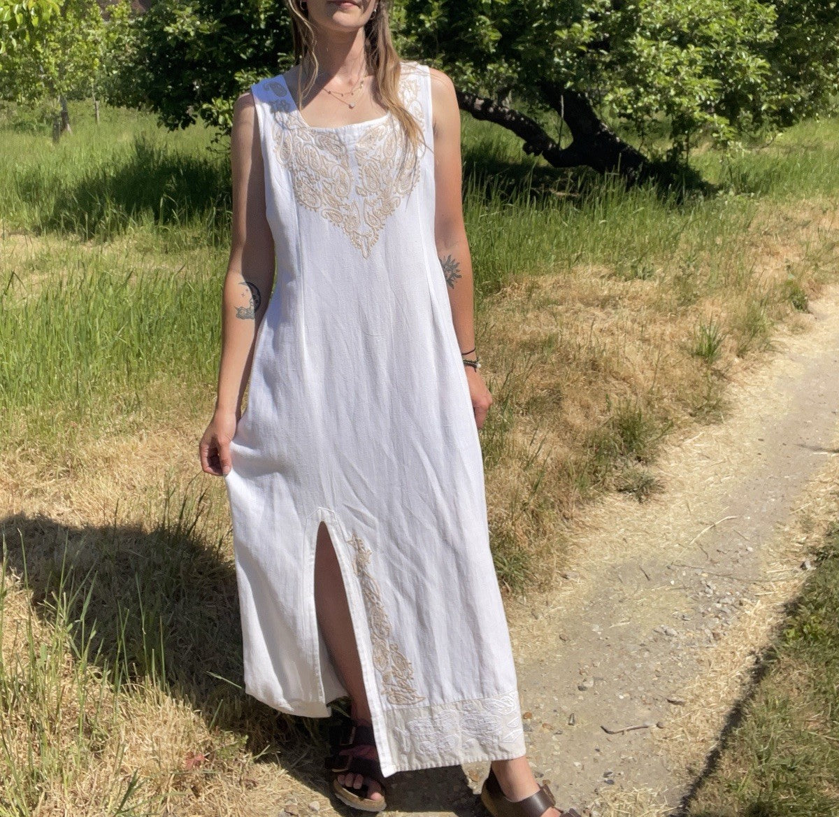 Vintage Size S 8-10 White Embroidered Linen Blend Summer Maxi Dress Cazz
