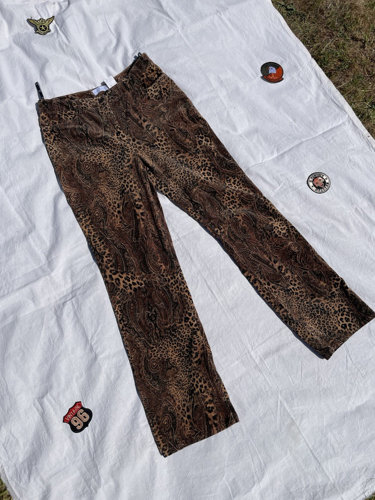 Vintage 90s Size 14 W32 Brown Boho Leopard High Waist Corduroy Trousers Giorgio