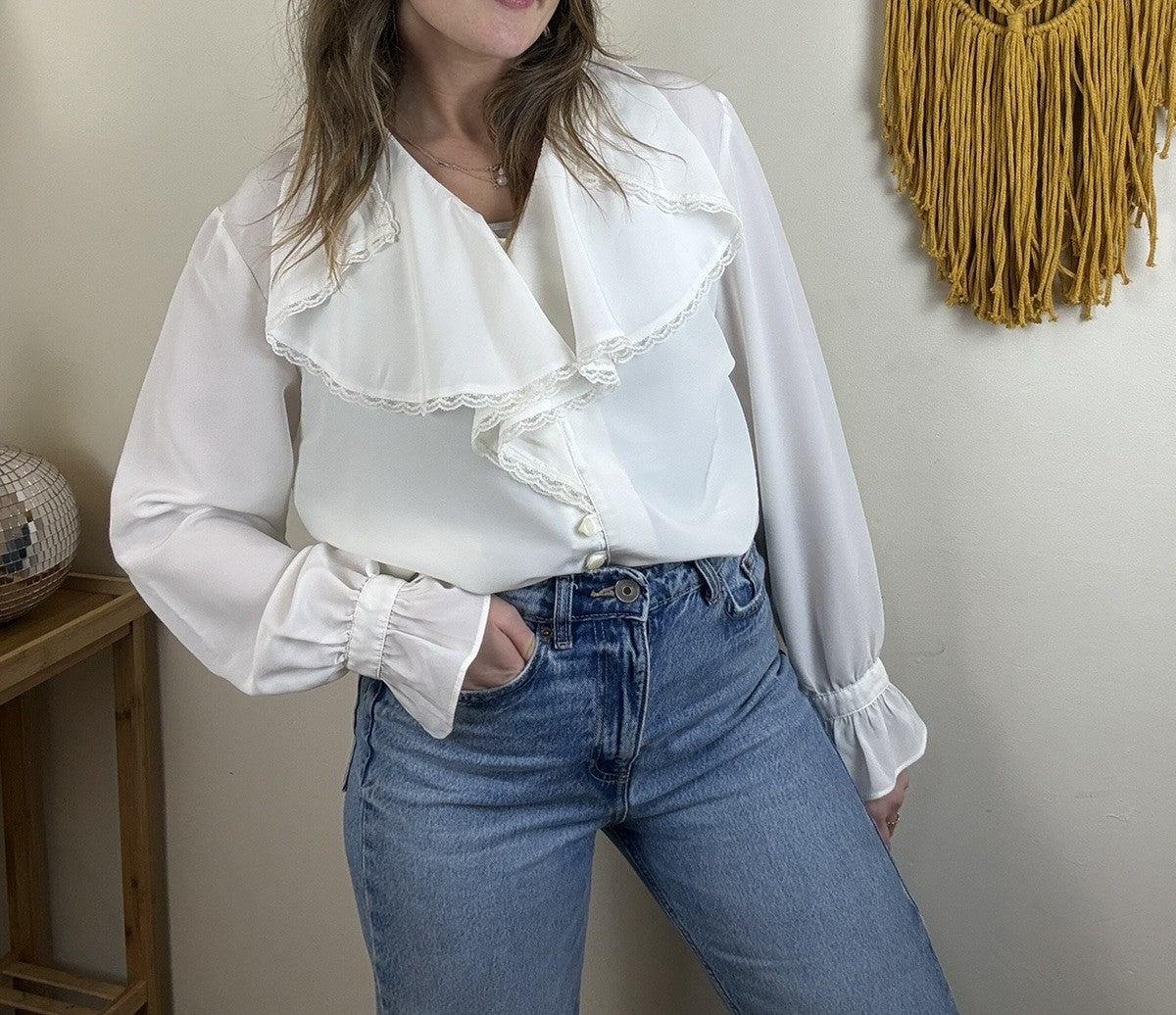Vintage Size L 12-14 White Romantic Ruffle Blouse Alba Fornari