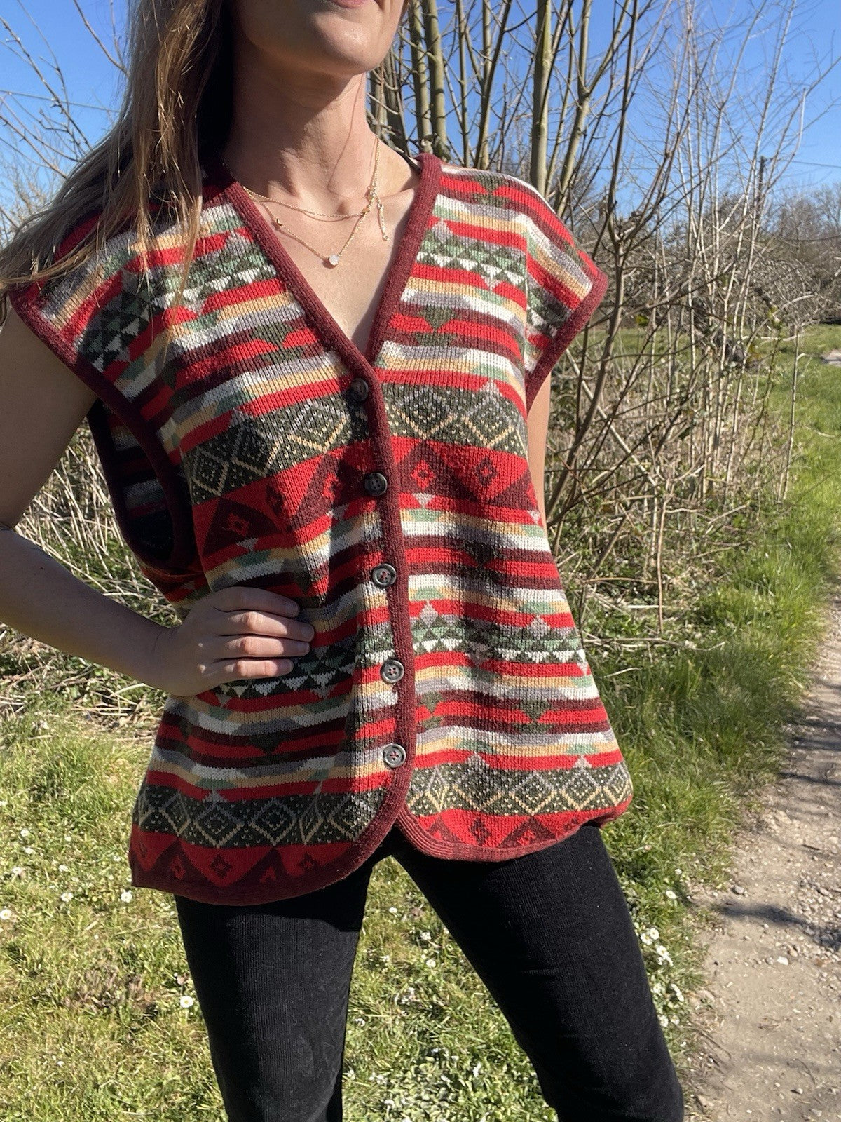 Vintage Size 2XL 18-22 Red Boho Hippy Geometric Knit Vest Waistcoat