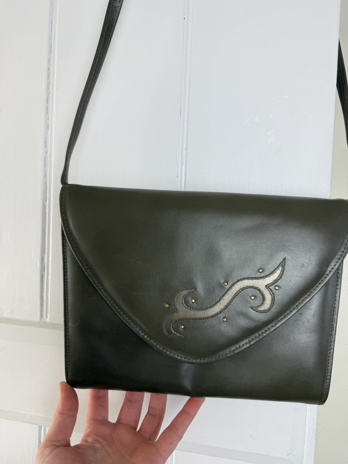 Vintage 1980s Dark Olive Green Leather Applique Bag Clarks