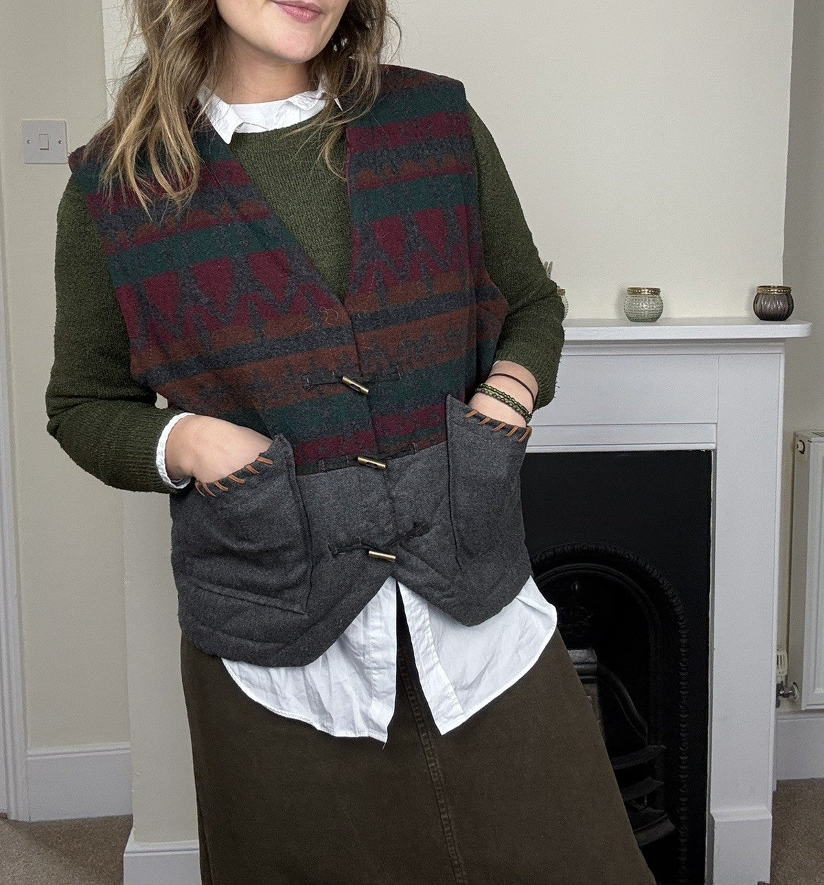 Vintage Size XL 14-16 Boho Wool Patterned Quilted Waistcoat Gilet Shirt Mocoa