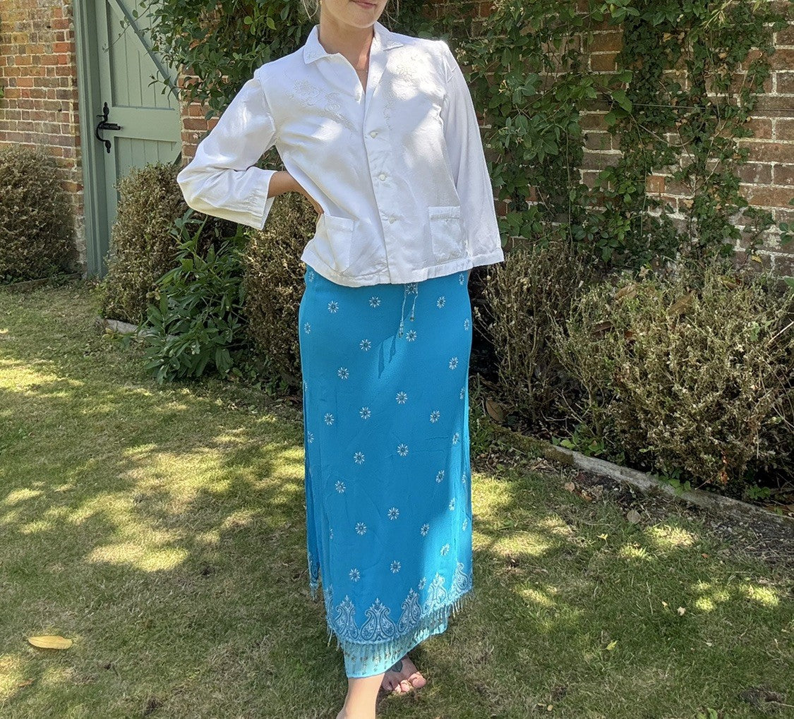 Vintage Free Size 8-14 Blue Beaded Bohemian Layered Midi Skirt East