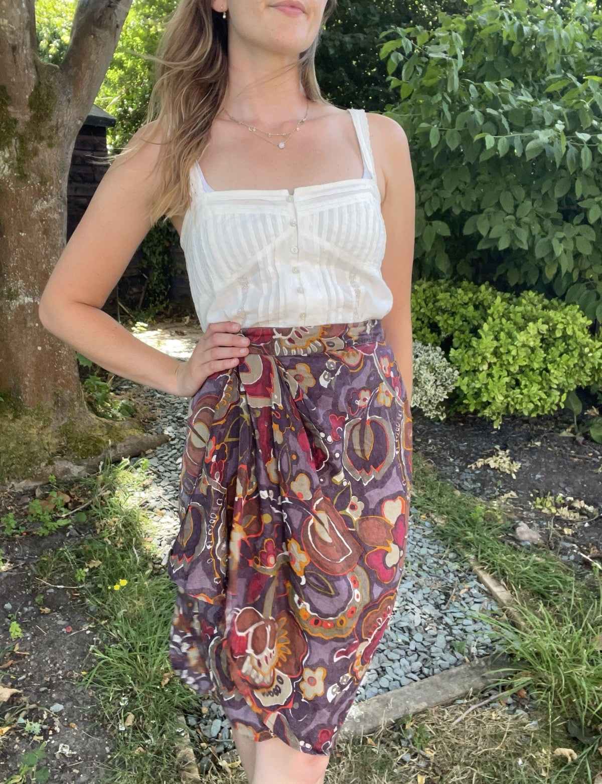 Vintage Size 8 W27 Earthy Boho Floral 100% Linen Wrap Skirt Weekend