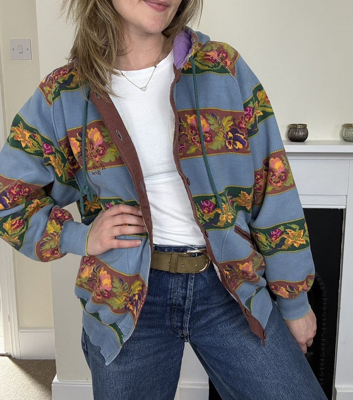 Vintage Size XL 12-16 Blue Cottage Floral Striped Sweatshirt Hoody