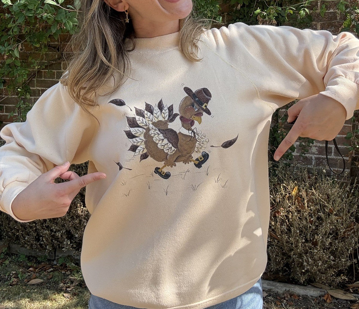 Vintage Size L 10-16 Light Yellow Thanksgiving Turkey Hanes Sweatshirt Jumper