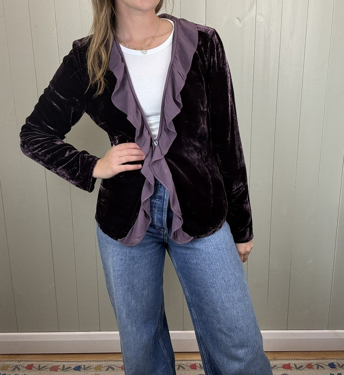 Vintage 2000's M&S Size M 8-12 Purple Velvet Ruffle Witchy Whimsical Blouse Top