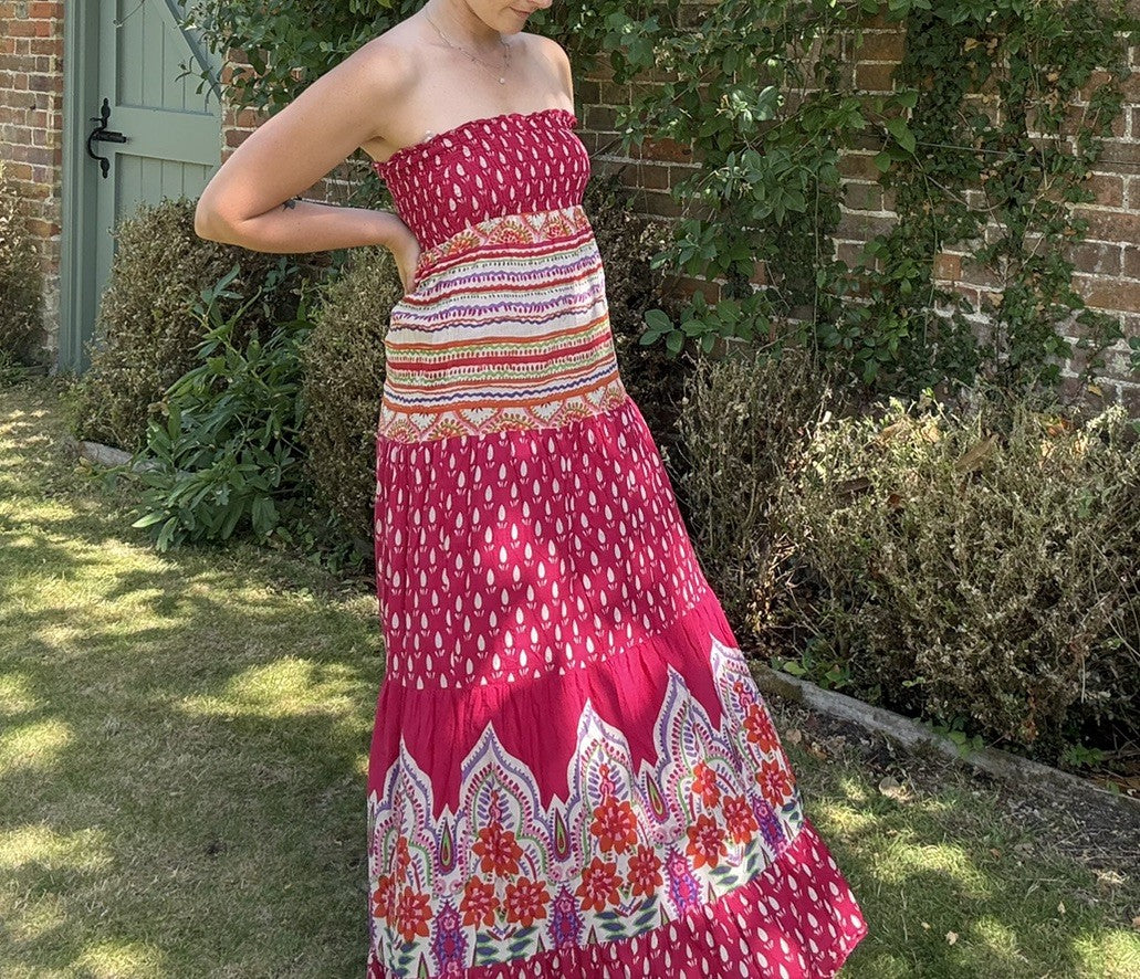 Vintage 90s Size S 6-10 Pink Cotton Tiered Summer Maxi/Midi Dress Originals