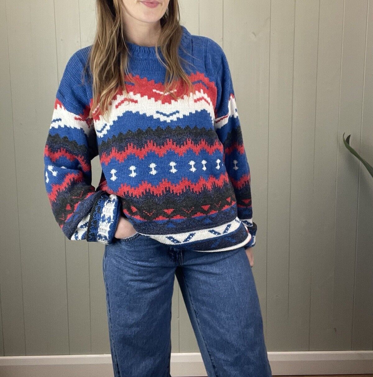 90s Size XL 12-18 Blue Western Patterned Knit Jumper