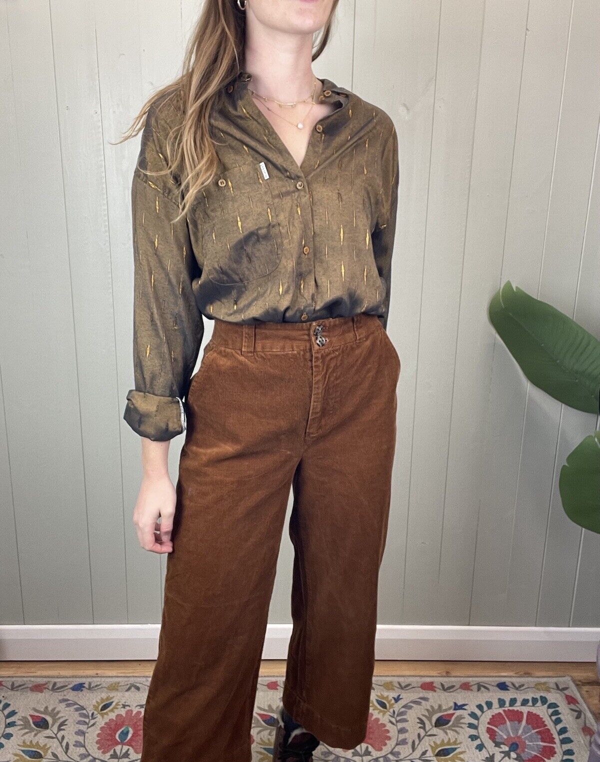 Vintage Size XL 10-16 Brown Gold Embroidered 100% Cotton Shirt Sant Angelo