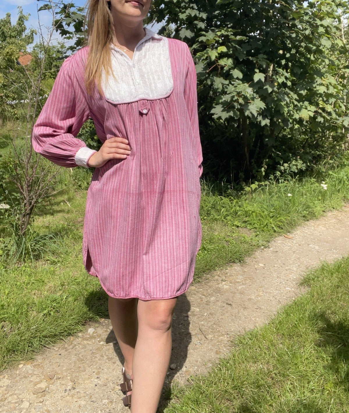 Vintage 70s Phool Size S 8-12 Pink Striped Indian Cotton Beach Summer Dress