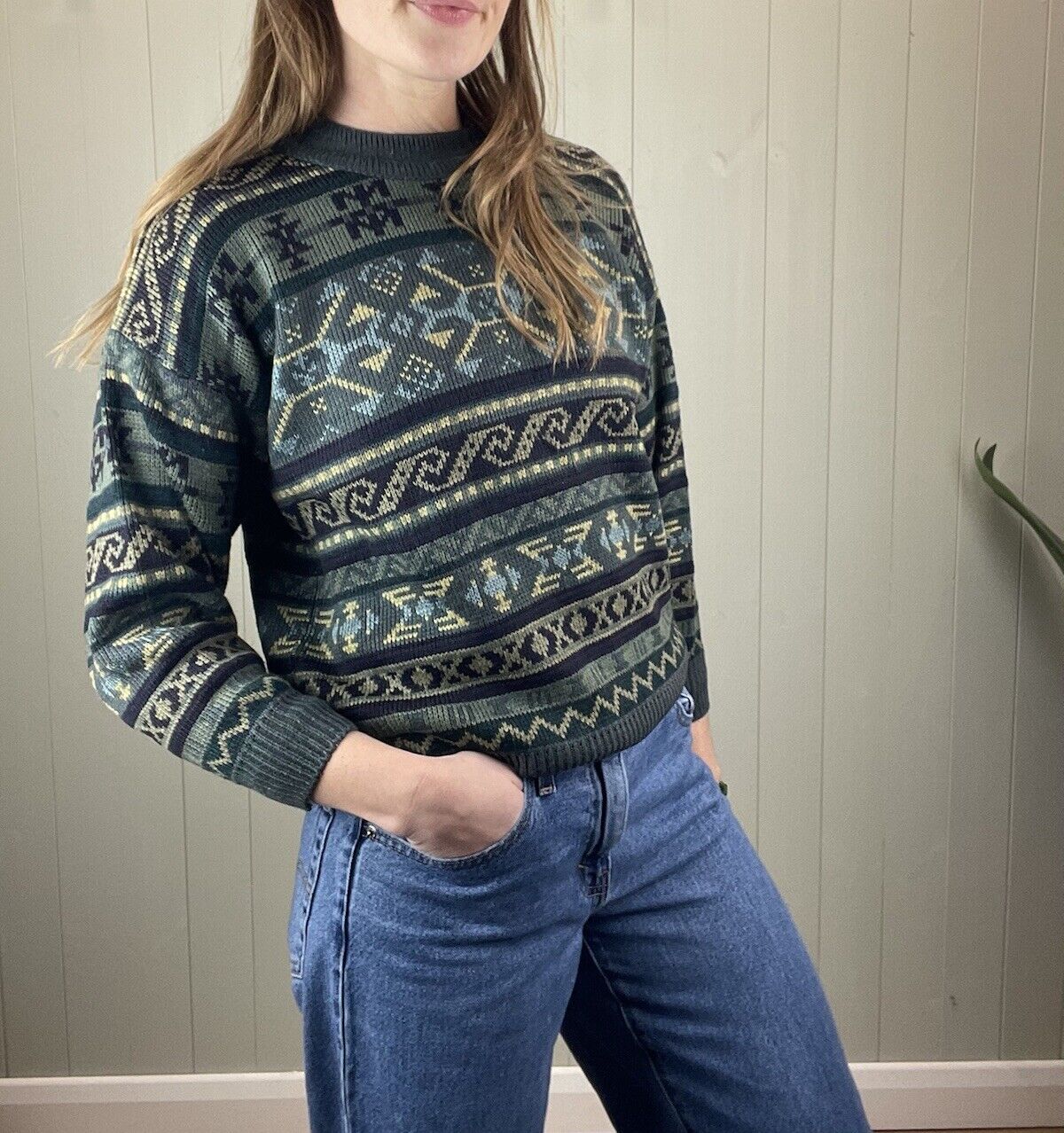 90s Size XS 6-8 Green Cottage Patterned Knit Jumper St Michael