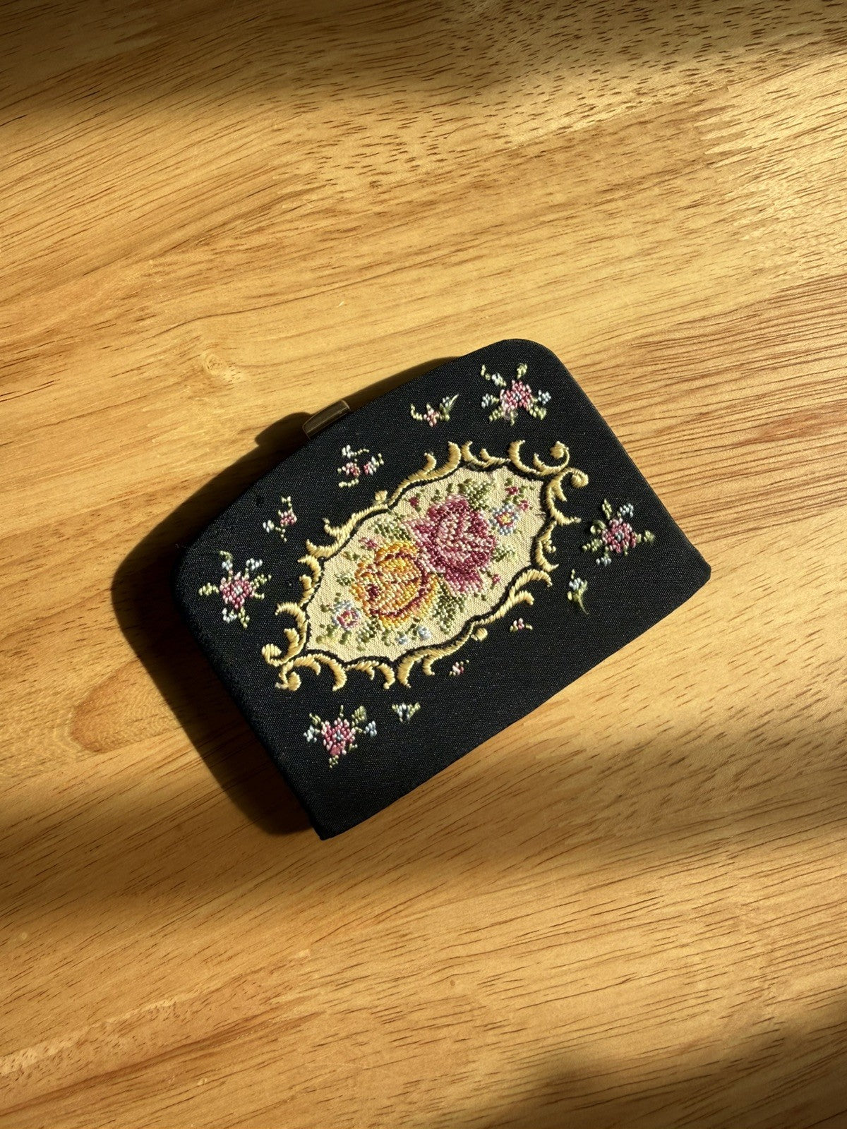 Vintage Small Black Floral Needlepoint Floral Purse