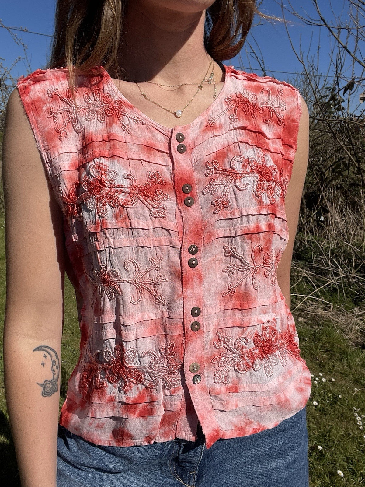 Vintage Size S 6-10 Pink Red Tie Dye Embroidered Boho Summer Top Gypsy Soul