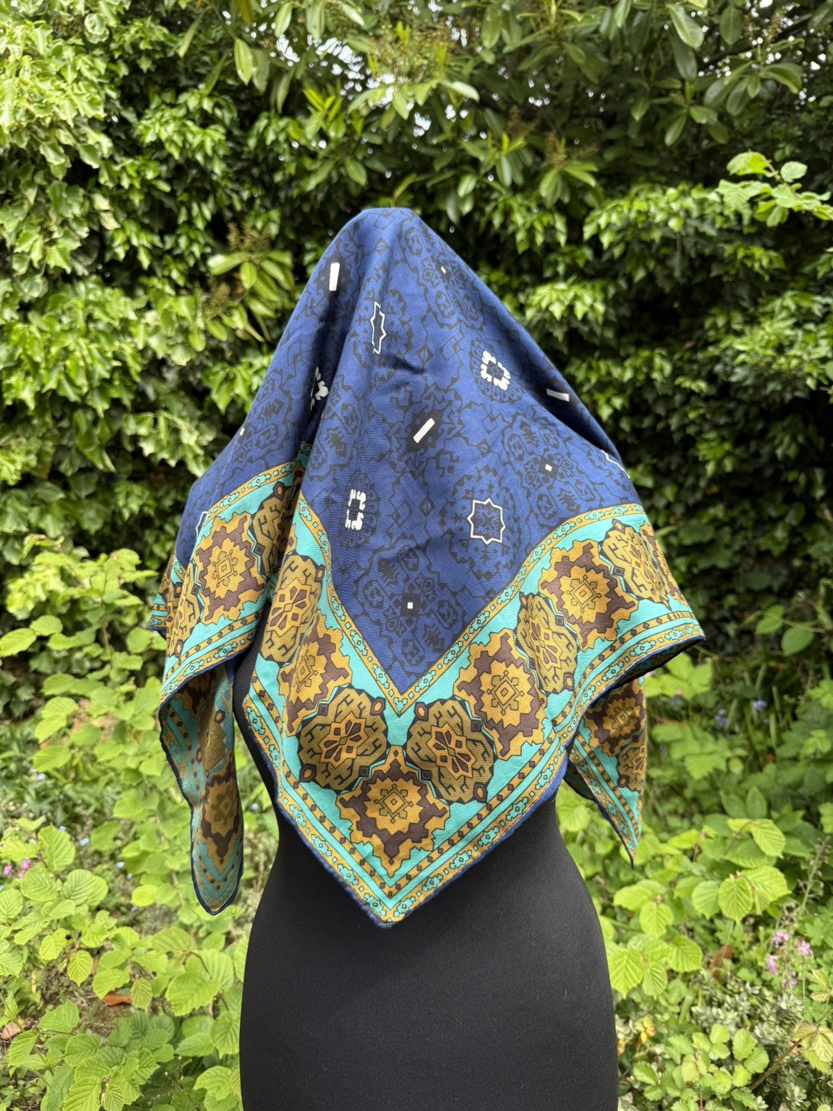 Vintage Satin Navy Patterned Neck Scarf Bandana