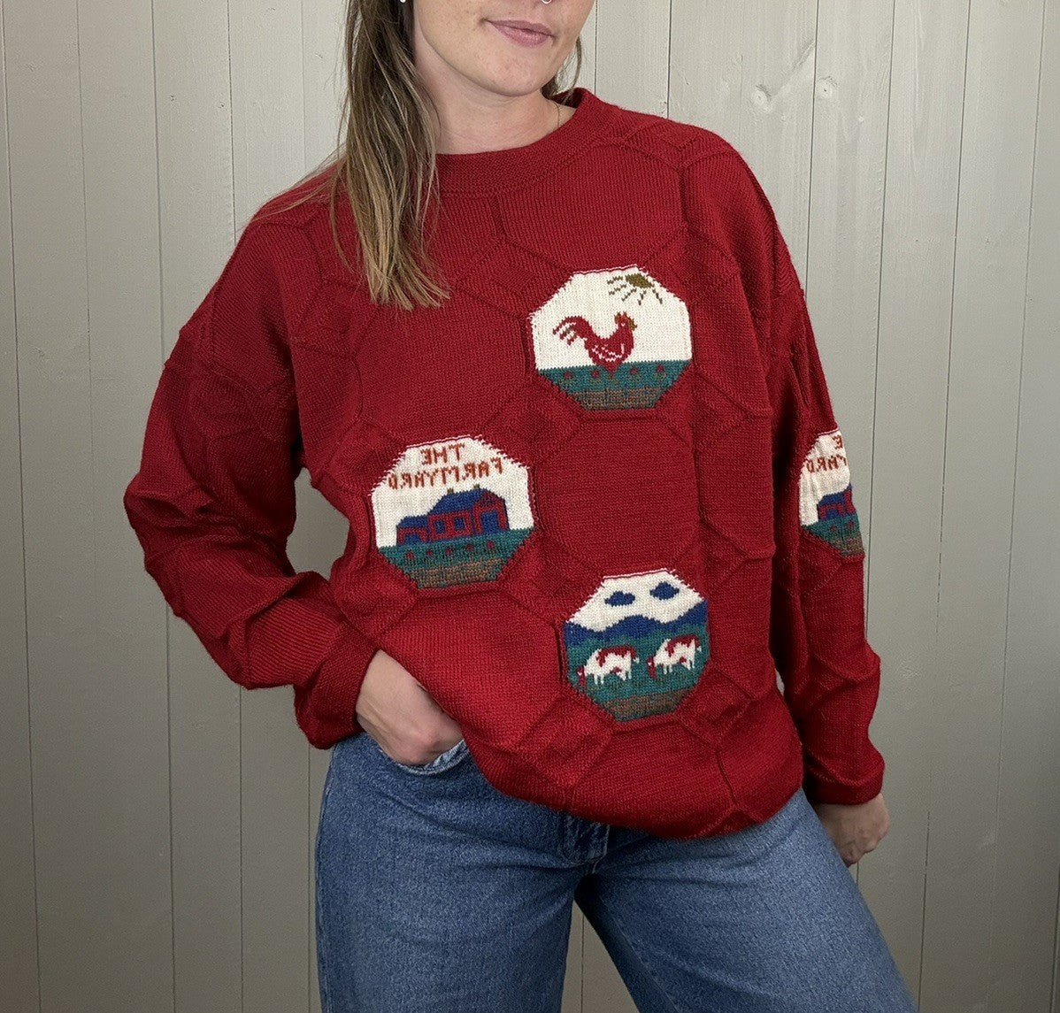 Vintage Size L 12-18 Red Pure Wool Farm Animal Patchwork Knit Jumper Jumpers