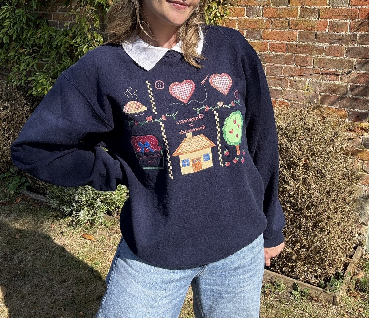 Vintage Size L 12-16 Navy Happiness is Homemade Cottage Sweatshirt Jerzees