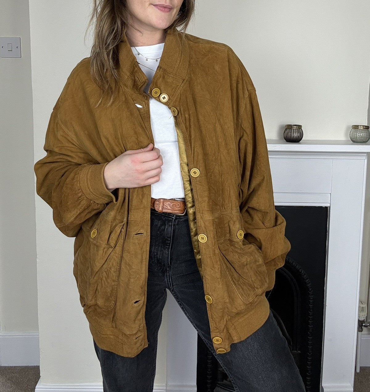 Vintage Size 2XL 16-20 Tan Brown Genuine Suede Leather Bomber Style Jacket