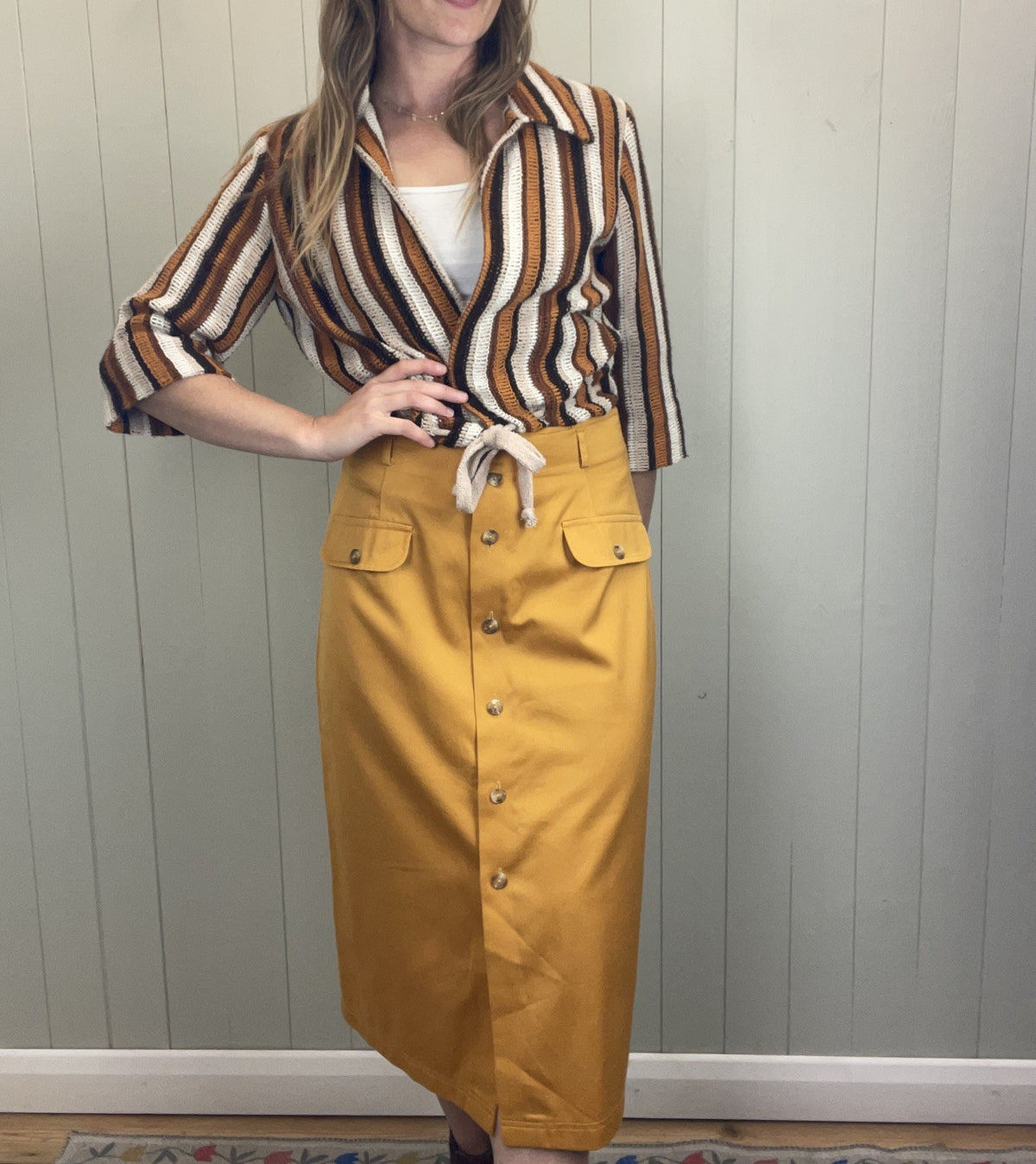 Vintage Size M 10-12 W30" Mustard Gold Button Front Pencil Skirt St Michael