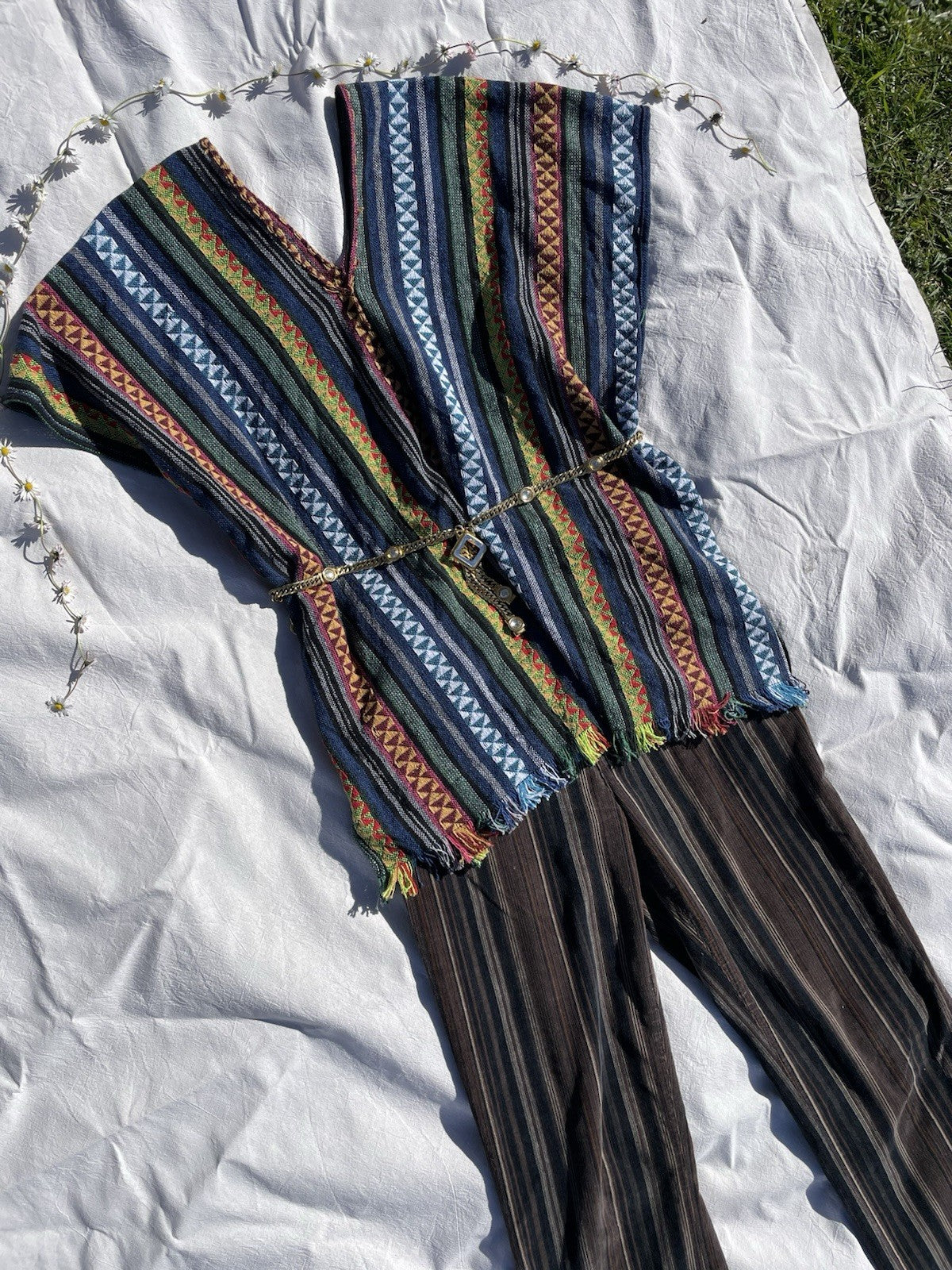 Size M 6-14 Blue Boho Hippy Ethnic Short Sleeve Poncho Top