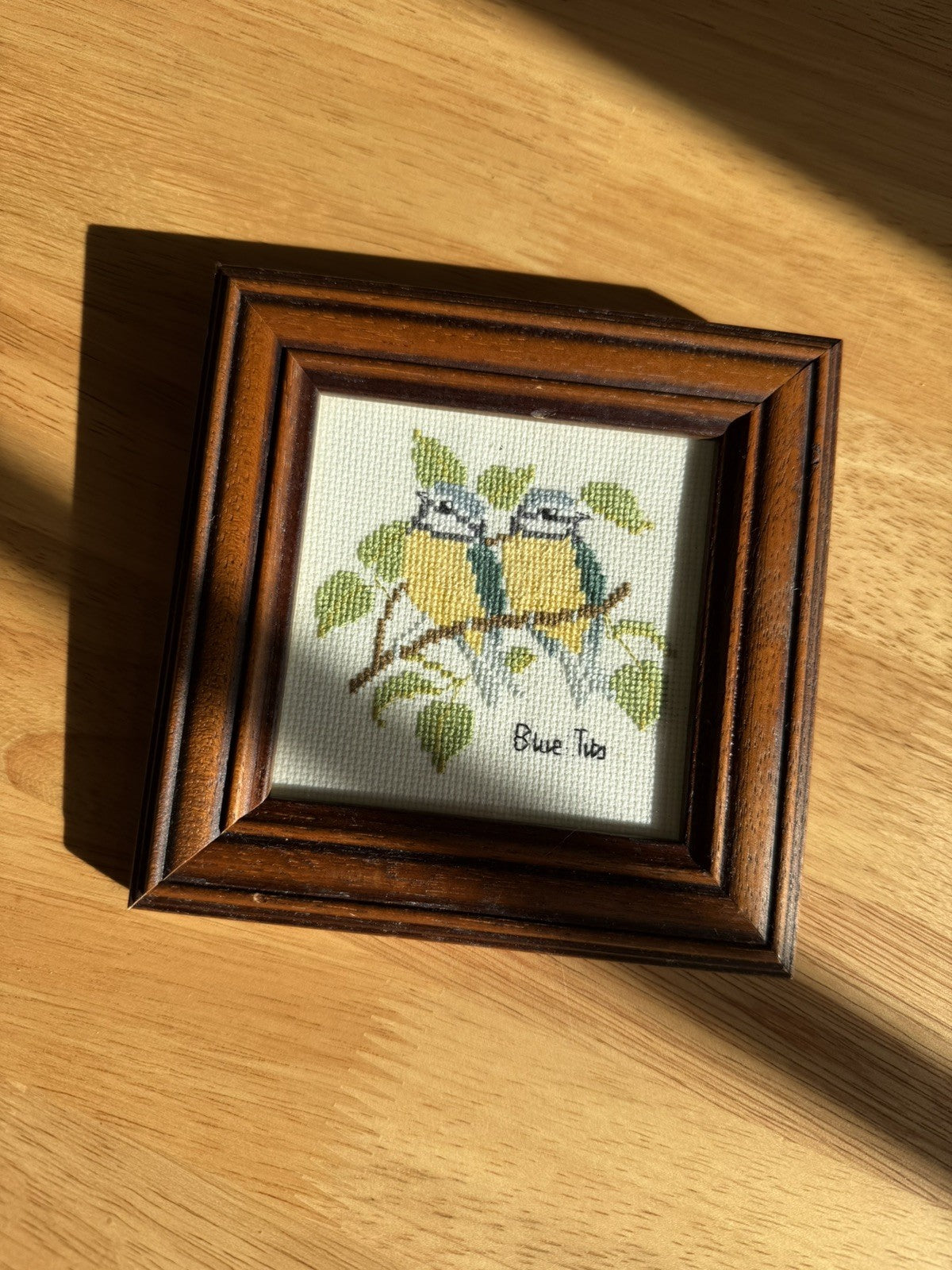 Vintage Small Square Framed Blue Tits Bird Cross Stitch Artwork