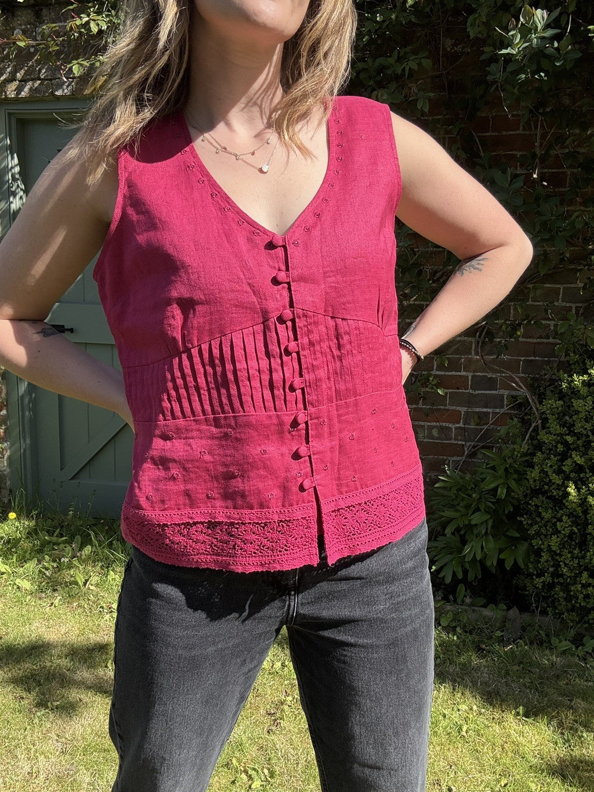 Vintage Size L 12-14 Pink 100% Linen Embroidered Summer Top Kaliko
