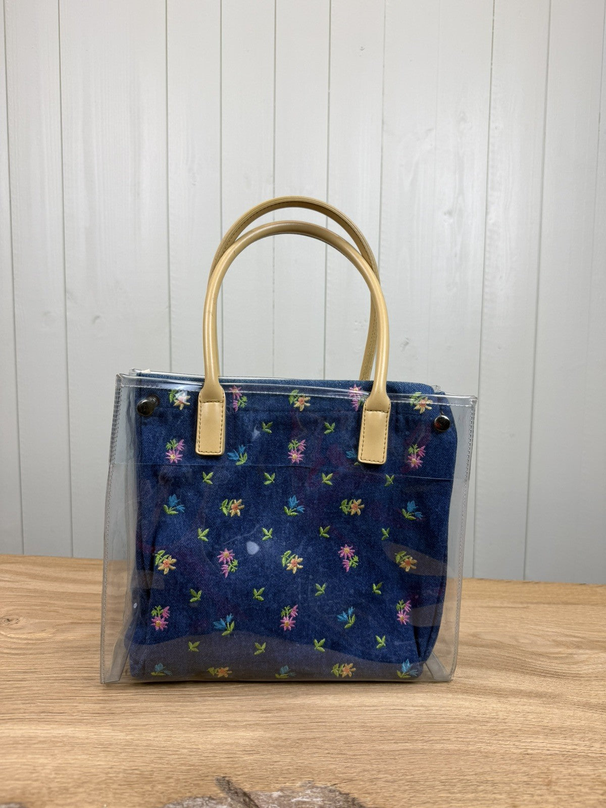 Vintage 90s Blue Denim Flower Power Embroidered PVC Bag
