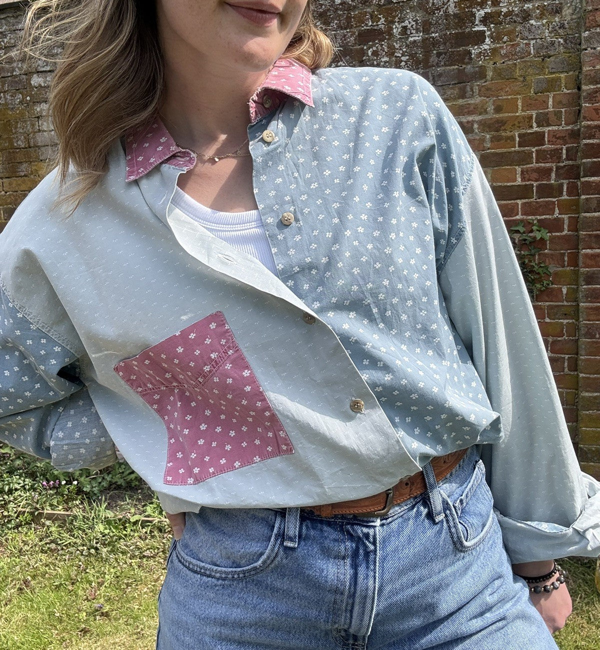 Vintage Size 2XL  16-22 Blue Ditsy Floral Patchwork Shirt Fly Time