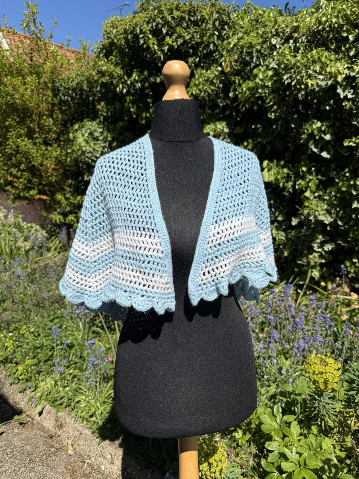Vintage Handmade Light Blue Crochet Knit Shawl