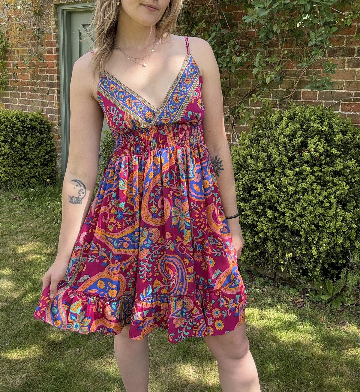 Vintage Y2K Free Size 8-14 Boho Hippy 100% Silk Strappy Summer Dress