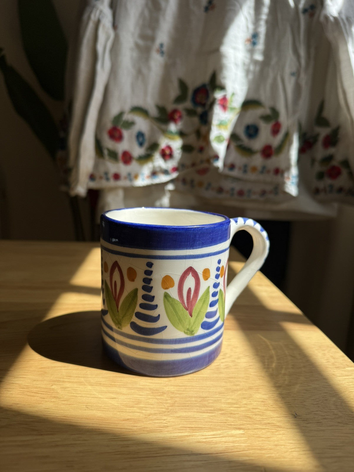 Vintage Blue & White Handpainted Floral Ceramic Mug