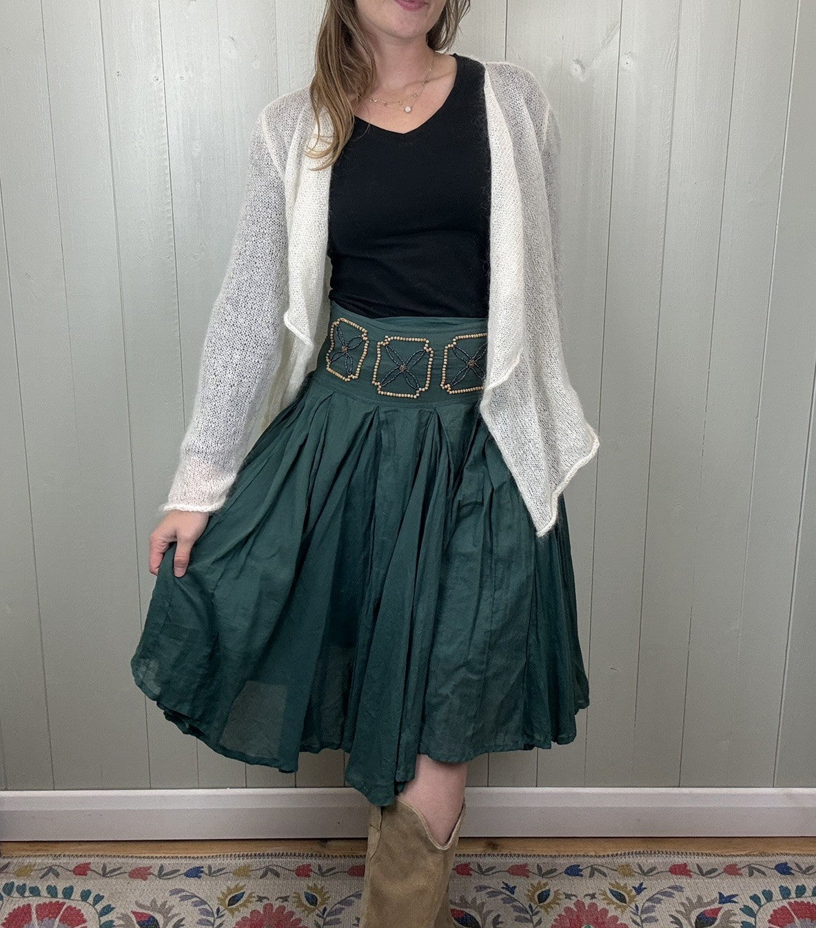 Size 10 Green Cotton Boho Beaded Knee Length Midi Skirt Mis-Behave Vintage