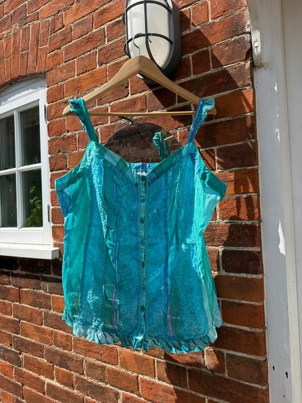 Y2K Size XL 16-18 Blue Boho Patchwork Cotton Vest Top Per Una