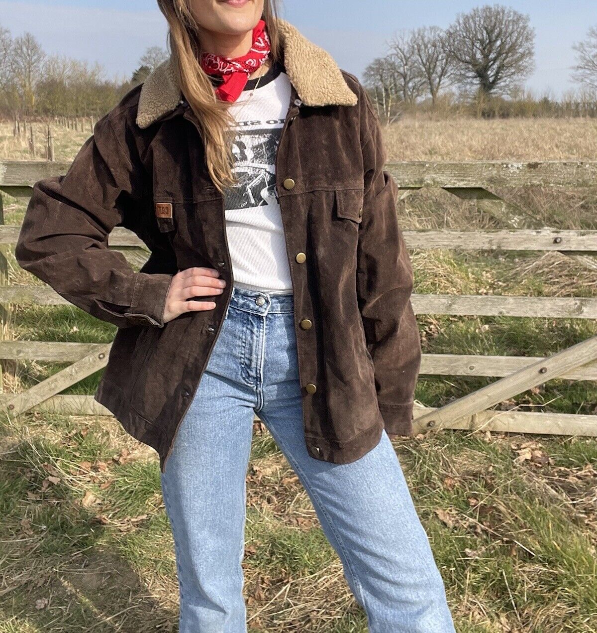 Vintage Size XL 10-16 Brown Suede Leather Worker Trucker Jacket CAT
